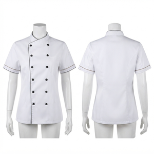 เสื้อเชฟผู้หญิง พรีเมียม 200 GSM ผ้าโพลีคอตตอนทวิล ระบายอากาศได้ดี สีน้ำเงิน แขนสั้น ปักโลโก้ตามสั่ง ชุดยูนิฟอร์ม - Product Image 4