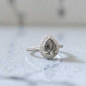 Black Rutilated <b>Quartz</b> IGI Certified High Quality 925 Sterling Silver Pear Teardrop Halo Engagement Promise Stackable <b>Ring</b> Gift - Product Image 2