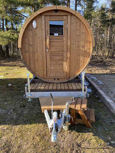 Sauna en bois naturel monté sur remorque avec verrière panoramique, résistant aux intempéries, avec toit en tuiles vertes pour le glamping - Product Image 4
