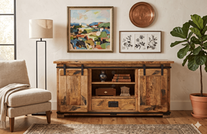 Buffet de salon moderne en bois de manguier avec 1 tiroir et 2 portes coulissantes, meuble de rangement pour la maison - Product Image 6