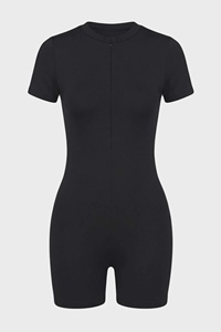 Combinaison noire pour femme, col en V profond, fermeture éclair sur le devant, short, spandex, polyester, extensible, style classique - Product Image 3