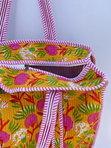 Bohemian <b>Yellow</b> Quilted Cotton Tote <b>Bag</b> with Floral Print Bohemian Style Casual Zipper Shopping Grocery Handbag for Women - Product Image 2