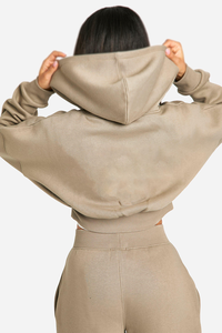 <b>Women</b> <b>Beige</b> Cropped Zip Up Hoodie <b>Jogger</b> Set Casual Two Piece Streetwear Sweatshirt Co Ord Set Wholesale Manufacturer OEM ODM - Product Image 3
