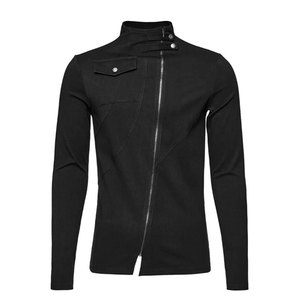 Custom Wholesale <b>Men's</b> Gothic Punk Rock Slim Fit Asymmetric Zipper Long Sleeve Stand Collar T-Shirt Top - Product Image 1