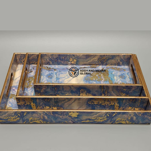 Blue Geometric Enamel Food-Safe Serving Tray Set of 3 Modern Luxury MDF & <b>Paper</b> Nesting Trays for <b>Kitchen</b> Dining Home Decor - Product Image 4