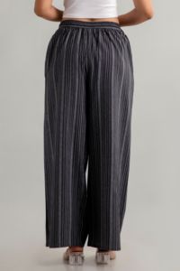 Pantalon Palazzo Premium en Coton Khadi Teint Fil à Fil pour Femme, Rayures Noires et Blanches, Coupe Ample, Taille Élastique, Décontracté, Été - Product Image 6