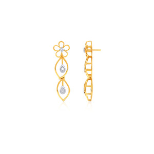 Luxury Two-Tone Gold Flower Blossom <b>Diamond</b> <b>Dangle</b> <b>Earrings</b> with Round <b>Diamond</b> Center and Teardrop Pendant Design for Women - Product Image 3