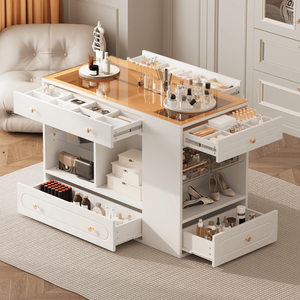 "6-Drawer Glass Makeup Vanity Island with <b>Open</b> Shelves & Jewelry <b>Storage</b>" - Product Image 1