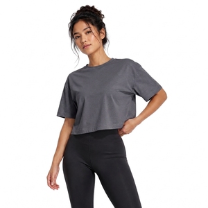 Camiseta Corta Gris para Mujer, Cuello Redondo, Manga Corta, Color Sólido, 100% Algodón, Tejido de Punto, Corte Holgado, Ropa Casual para Todas las Temporadas - Product Image 1