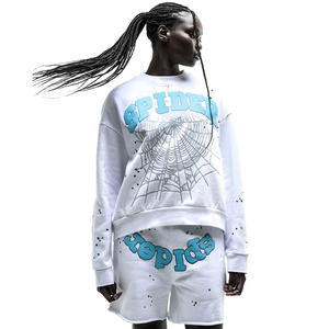 Conjunto de Sudadera con Capucha y Pantalones Cortos Estilo Streetwear con Diseño de Telaraña, Bajo sin Rematar y Estampado Puff Personalizado - Product Image 2