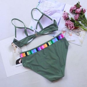 Women's Olive Green Bikini Set With <b>Rainbow</b> Stripe Contrast Binding Underwire Bra And Hipster Bottoms Stretch Spandex Nylon - Product Image 2