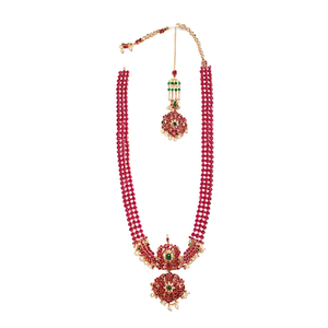 Ruby Three-Layer Kemp Haram with Pearls-Fine <b>Bridal</b> <b>Jewelry</b> <b>Set</b> - Product Image 2
