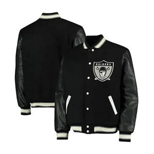 เสื้อแจ็คเก็ตวาร์ซิตี้ทีมลาสเวกัส เรดเดอร์ส สำหรับผู้ชาย สีดำ ทำจากผ้าขนสัตว์ แขนหนัง ปักลายโลโก้  เสื้อแจ็คเก็ตเบสบอลแบบสั่งทำพิเศษ - Product Image 4