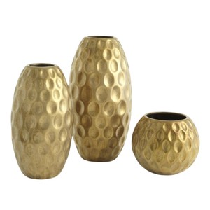 Gold Metal Flower <b>Vase</b> <b>Set</b> of 3 with Modern Hammered Honeycomb Texture Decorative Tabletop Centerpiece for Events & Hotel Lobby - Product Image 1