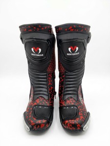 Botas de moto a media pantorrilla con parte superior de PU, suela de cuero genuino, forro impermeable, cierre de cremallera, estampado rojo y negro, estilo de carreras, transpirables, para todo tipo de clima. - Product Image 6