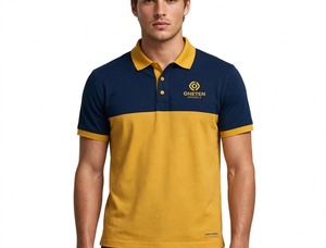 Camisa de Golf para Hombre, Sólida, Transpirable, con Bolsillo, Manga Corta, Cuello con Botones, 100% Poliéster, Azul Marino y Amarillo - Product Image 1