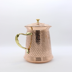 Ornate made in India checkered and floral <b>copper</b> water pitcher with brass <b>handles</b>, available at wholesale prices. - Product Image 4