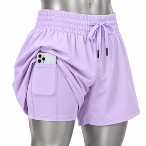 Shorts de sport pour femmes en nylon et polyester, couleur jaune moutarde, taille haute, coupe ample, avec poche latérale profonde, personnalisables - Product Image 5
