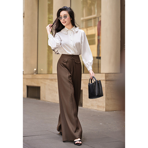 Pantalon de bureau décontracté élégant pour femme, taille haute, coupe droite, avec poches à rabat, en polyester et élasthanne OWEN - Product Image 3