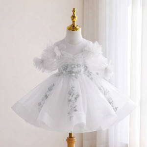 Vestido Romántico de Niña para Dama de Honor, Color Marfil, con Bordado Floral, Tul y Perlas, Vestido de Princesa para Fiesta de Bodas, Vestido Formal Corto y Abullonado TUTUP - Product Image 2