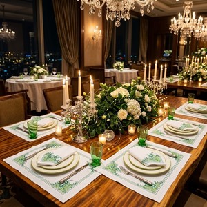 Premium Embroidered <b>White</b> Cotton <b>Placemat</b> and Napkin Set - Botanical Green Floral Table Scape Decor for Parties & Dining Tables - Product Image 2