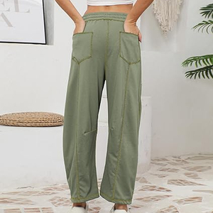 Pantalones de chándal holgados y cómodos de algodón 100% para mujer, estilo barrel, con cintura elástica y bolsillos, joggers de frente plano para primavera - Product Image 5