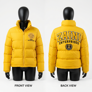 เสื้อแจ็คเก็ตพัฟเฟอร์ผู้หญิง 320 GSM ผ้าโพลีเอสเตอร์ทาสลอนคุณภาพพรีเมียม สีเหลือง ปักลายเชนิลล์ตามสั่ง รับผลิตแบบ OEM ODM - Product Image 1