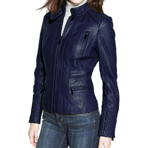 Genuine Leather <b>Jacket</b> for Women Slim Fit Lambskin <b>Biker</b> <b>Jacket</b> with Denim Detail Spring and Fall Fashion Outerwear - Product Image 1