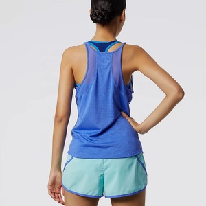 Nouvelle vente en gros couleur unie maille bleue couture plissée conception haute élastique sport séchage rapide respirant jogging débardeur pour femmes - Product Image 3