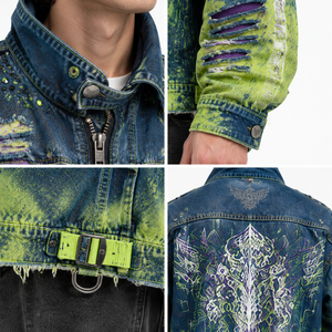 Chaqueta Trucker de Mezclilla con Lavado Ácido para Hombre, Estilo Cyberpunk, Degradado, Mangas Desgastadas, Bordada, Streetwear, Personalizada OEM 100% - Product Image 4