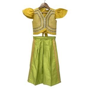 Top Tejido Twisha de Manga Media con Adornos y Pantalón Palazzo - Amarillo y Verde Lima - Product Image 1