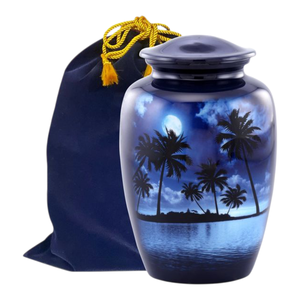 Urna Funeraria de Aluminio para Cenizas Humanas Adultas, con Diseño de Palmeras Nocturnas Azules y Luna Llena, 200 Pulgadas Cúbicas, con Bolsa - Product Image 1
