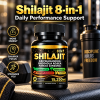 Capsules de complexe Shilajit 8-en-1 15250mg avec Ashwagandha, Rhodiola, Ginseng, Ginkgo, Curcuma, 60 capsules végétales, étiquette privée OEM