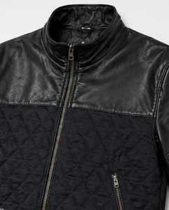 Chaqueta de moto de cuero original para hombre, azul y marrón, con cuello alto, cierre de cremallera, corte ajustado, manga regular, estilo color block para otoño - Product Image 6