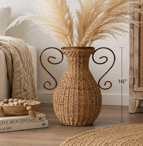 Vase en rotin tressé ouvert en forme d'arche avec insert en verre sur socle, idéal pour une décoration florale moderne, à prix de gros - Product Image 5