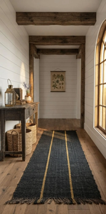 Tapis de couloir Kilim rayé fait main en laine et jute noir anthracite, style moderne, entrée, bohème, ferme - Product Image 4