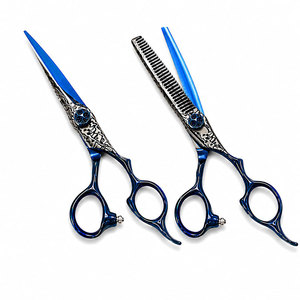 Stainless Steel Blue Hair Cutting And <b>Thinning</b> Scissors Set With Decorative Pattern Adjustable Screw And Finger <b>Ring</b> Handles - Product Image 1