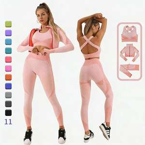 Nouvel Arrivage Ensemble 2 Pièces Sans Couture Respirant pour Femme, Idéal Yoga : Haut Manches Longues Uni et Legging Court Taille Haute Moulant - Product Image 4