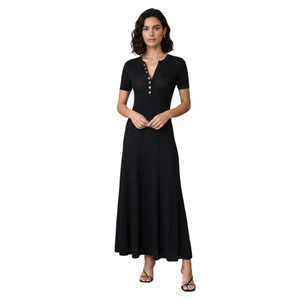 Women's V-Neck Maxi Knitted Sweater <b>Dress</b> With Buttons Solid Black Short Sleeve Natural Waist Sheath Style Elegant Daily Wear - Product Image 1