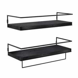 Industrial Set of 2 Black Metal Frame Floating <b>Wall</b> <b>Shelves</b> with Towel Bar Modern Wood <b>Storage</b> Rack for Kitchen Bathroom Office - Product Image 1