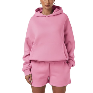 Produsen Set Hoodie Wanita Polos Warna Solid Ukuran Besar, Custom OEM Streetwear, Kasual, Bisa Dicetak - Product Image 1