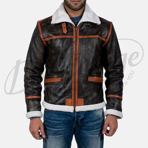 Veste en cuir véritable noir pour homme, doublée de fourrure de mouton véritable, style aviateur, pour l'hiver, avec col en fourrure - Product Image 6