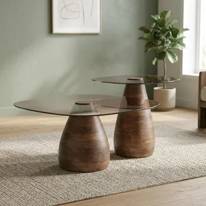 Modern Round Coffee <b>Table</b> With Tempered Glass Top And Wooden Base <b>Nesting</b> Design Living Room Furniture - Product Image 6