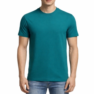 Camiseta de Hombre Lisa en Verde Azulado, Manga Corta, Algodón, Corte Ajustado Informal, Cuello Redondo, Color Sólido, Alta Calidad, Exportación, Ajuste Cómodo - Product Image 1