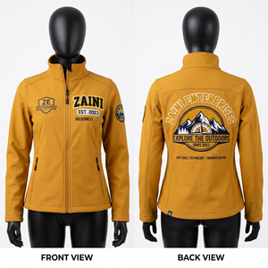 Veste softshell personnalisée pour femme, 320 GSM, polyester premium, doublure polaire, design à empiècements couleur moutarde, broderie, logo imprimé en chenille - Product Image 1