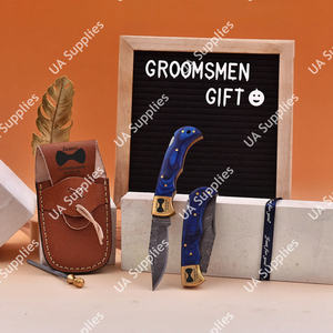 มีดพับเหล็กดามัสกัสคุณภาพสูง ด้ามไม้ปักก้าสีน้ำเงินฝังลายทองเหลือง พร้อมปลอกมีด EDC สำหรับพกพา - Product Image 6