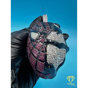 Designer Mask Pendant With Black Enamel Finish And Ruby Color Stones Hip Hop Jewelry Piece - Product Image 2