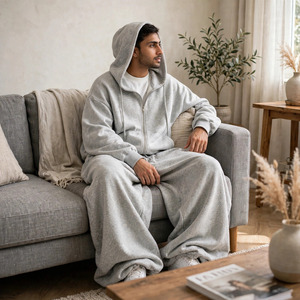 Survêtement streetwear pour homme en coton respirant gris chiné à manches longues avec sweat à capuche zippé et pantalon large – Collection automne - Product Image 4