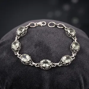 Bohemian 925 Silver Green Amethyst Bracelet Women's <b>Chain</b> Link Bezel Setting Everyday Wear Jewelry - Product Image 4