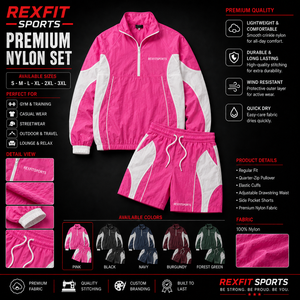 REXFIT SPORTS 2026 Pink <b>White</b> Crinkle Nylon Pullover Tracksuit Set Quarter Zip Windbreaker <b>Jacket</b> and Shorts Custom Sportswear - Product Image 1